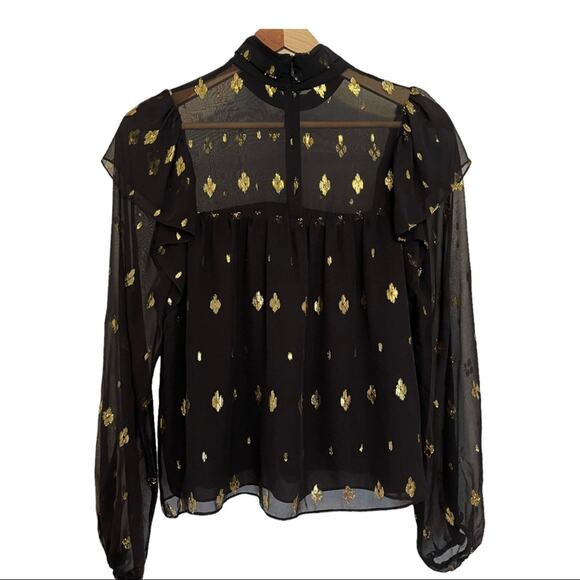 A.L.C. Meloni Silk Blouse Black and Gold Metallic Sheer Size 4 - Picture 3 of 15